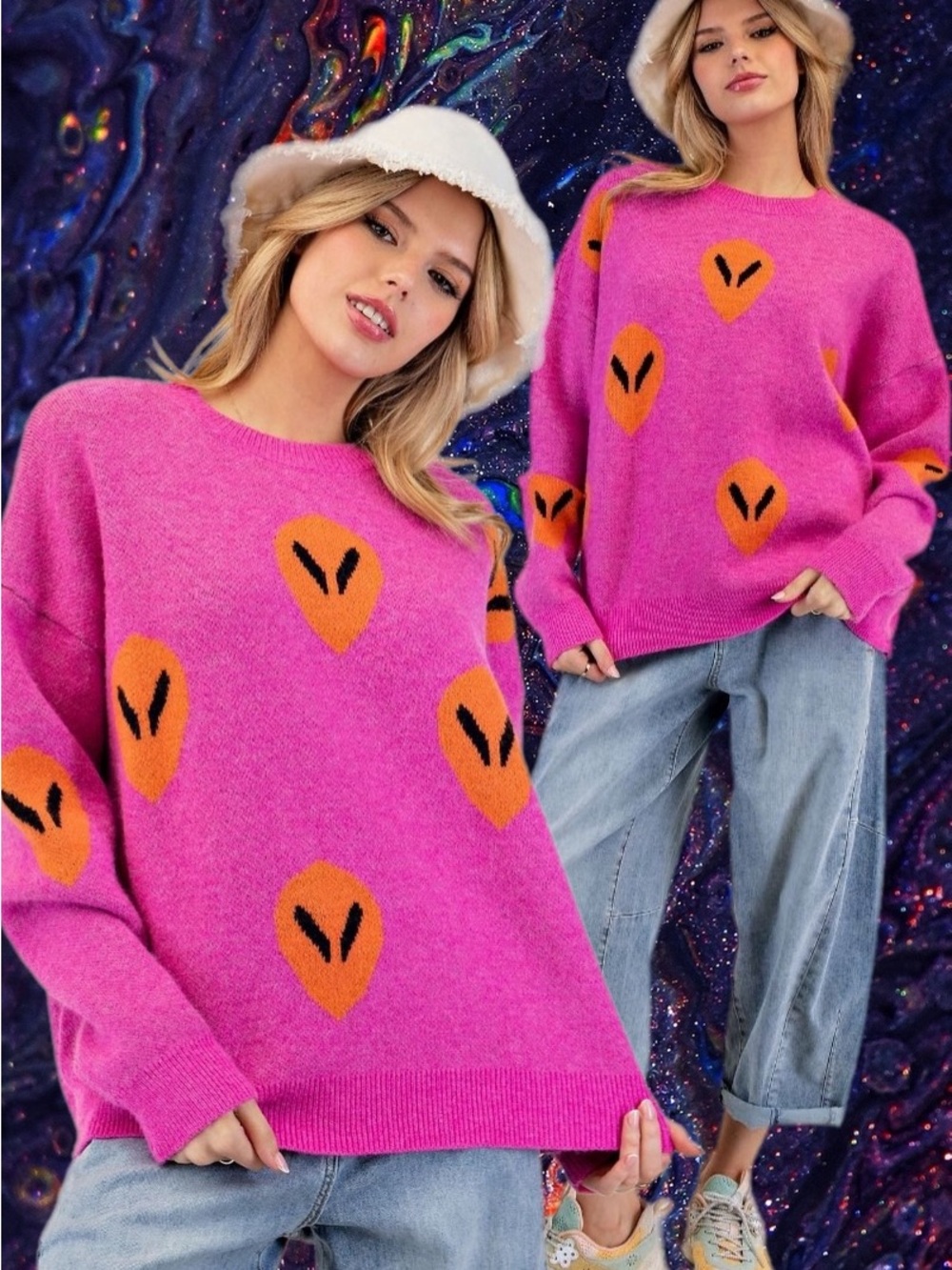 Easel Beam Me Up Crewneck Sweater Hot Pink Dopamine Maximalist Aliens Large New